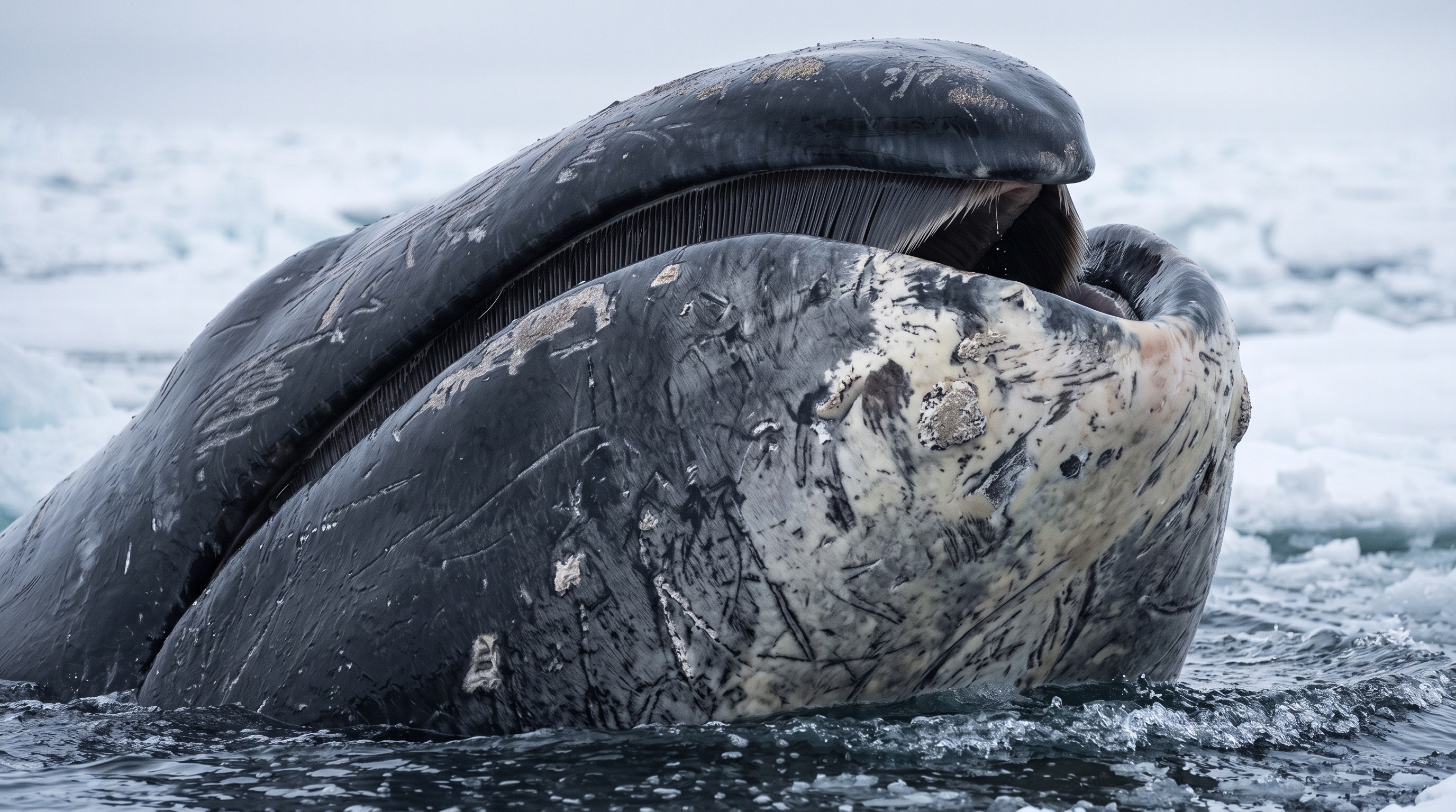 Close view of a bowhead whale's enormous arched jawline and pale chin patch, its skin marked with the scars of decades spent breaking ice