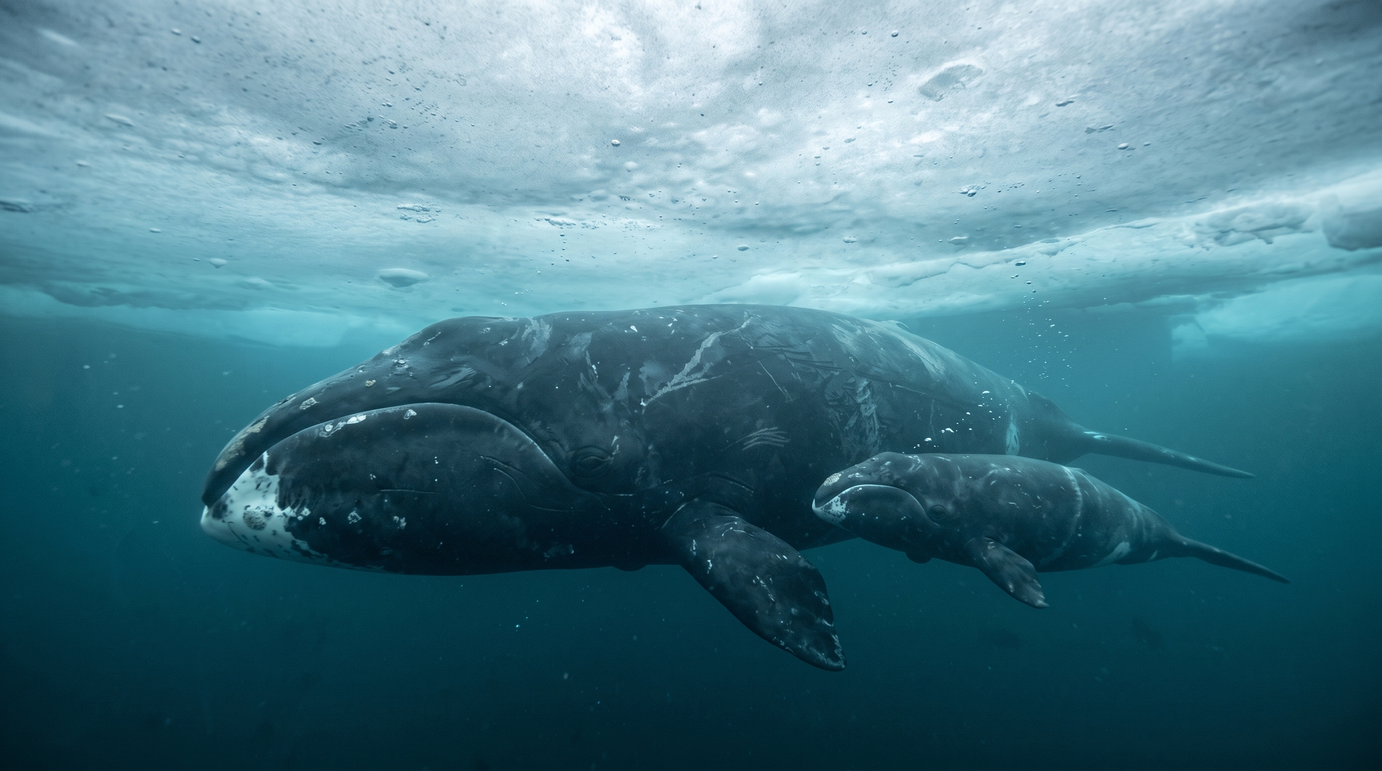 A bowhead whale and calf swimming together beneath the Arctic ice ceiling, pale light filtering down through the frozen surface above them