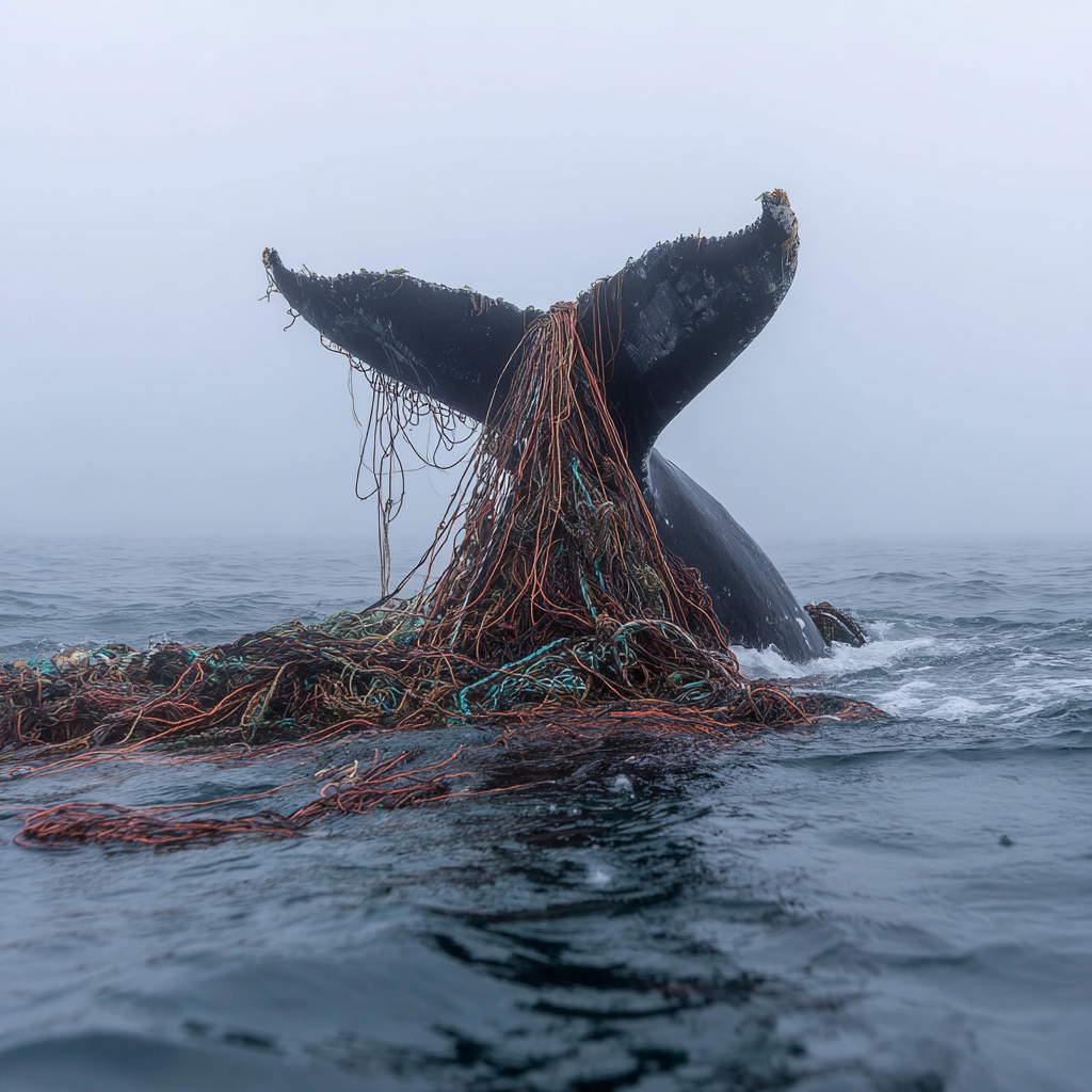 A massive humpback ensnared in a chaotic web of thick ropes from lobster pot gear - a grim reality that claims lives even as populations recover from the whaling era.