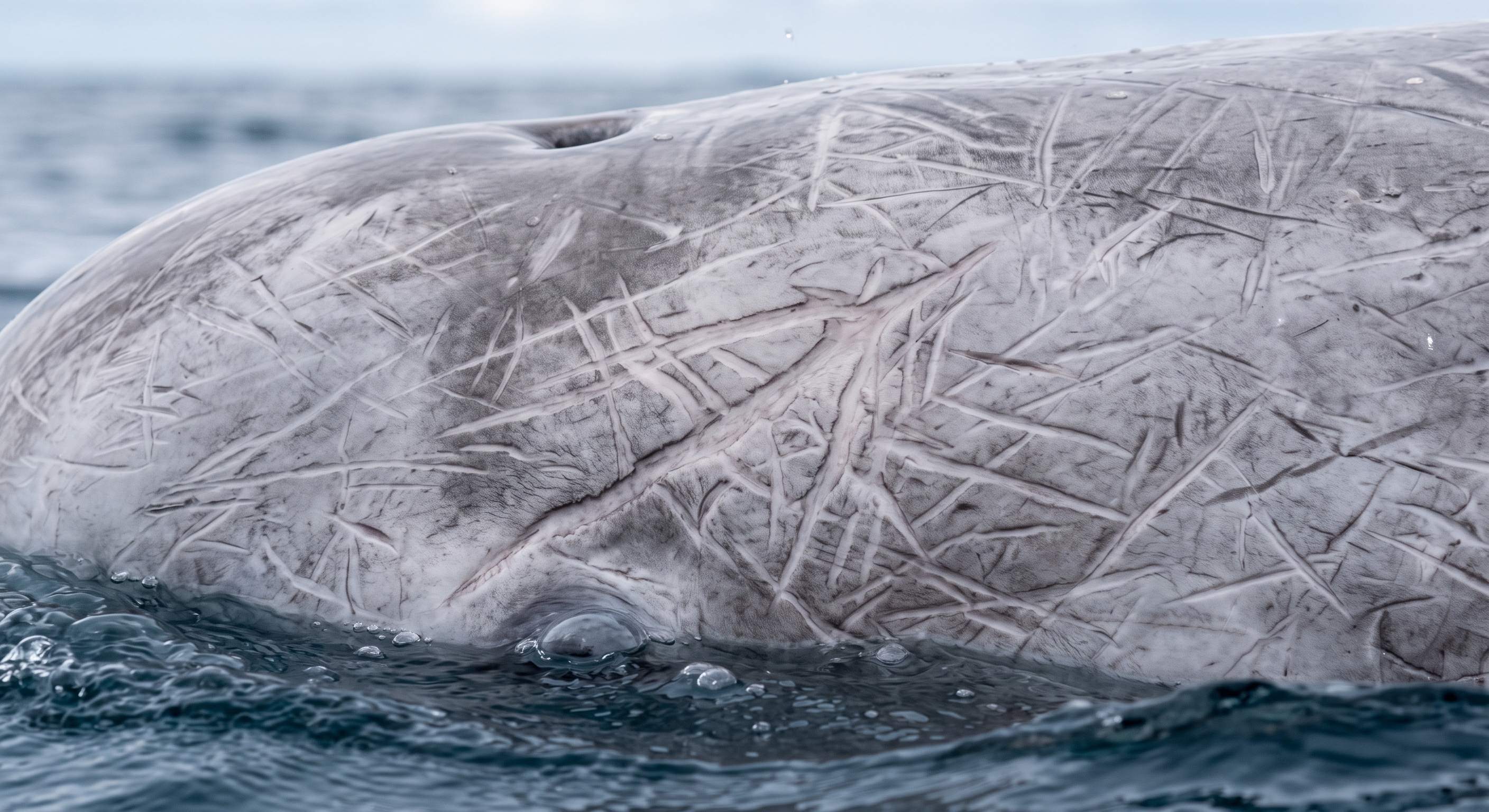 An adult Risso's dolphin surfacing, its pale body covered in the criss-crossed white scars accumulated over a lifetime