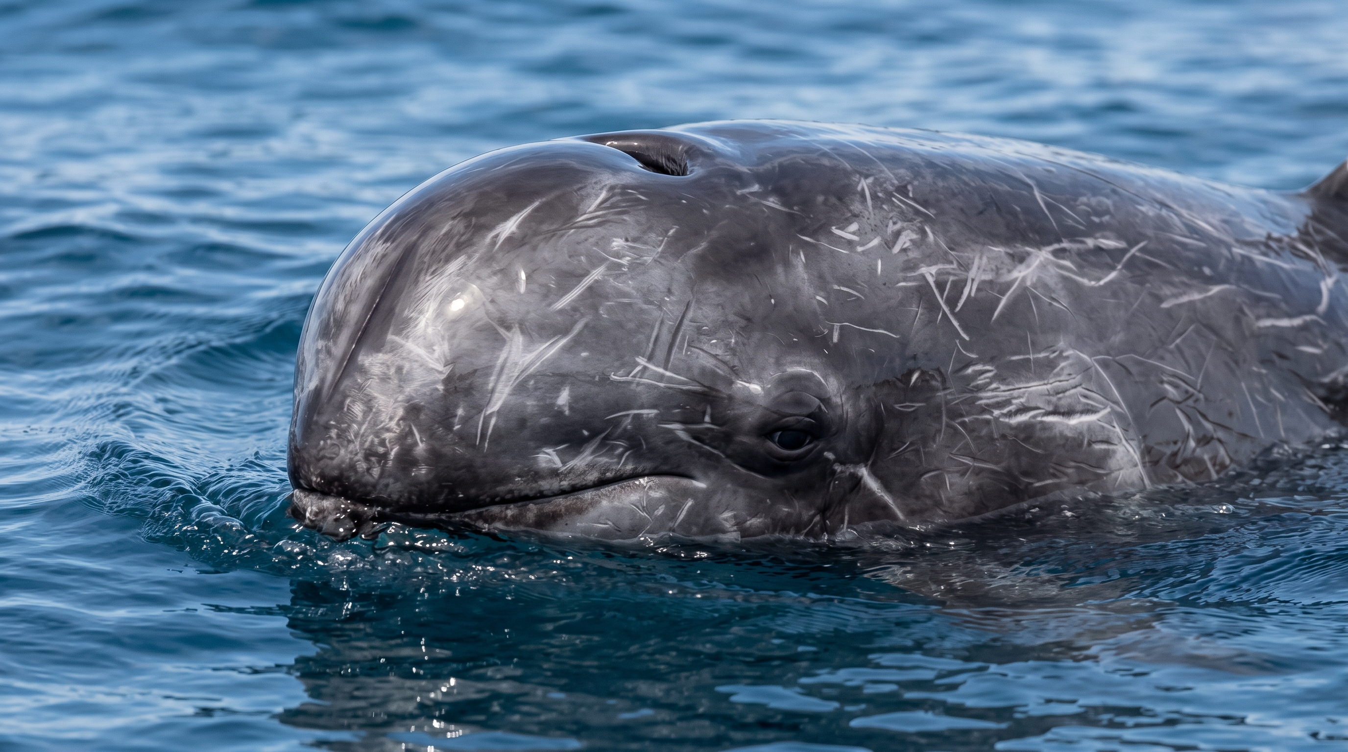 Close view of a Risso's dolphin's blunt beakless head showing the distinctive vertical crease down the centre of the forehead