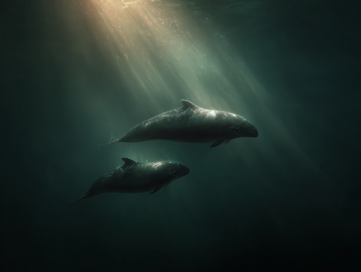 A vaquita surfaces in the turbid waters of the upper Gulf of California—the only place on Earth this species exists. Their shy nature and small population make sightings increasingly rare.